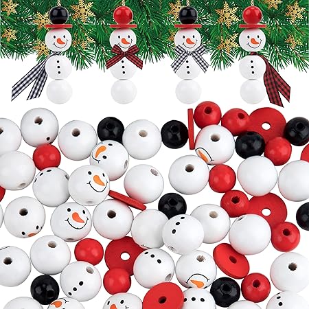 Photo 1 of 250 Pieces Christmas Wooden Beads Snowman Wood Bead Winter Loose Round Bead Ornament with Hemp Rope for DIY Crafts Garland Making Winter Christmas Party Farmhouse