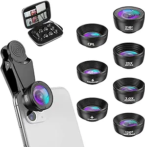 Photo 1 of Criacr Phone Camera Lens, 210 °Fisheye Lens + 120 °Wide Angle + 25X Macro + 2X Telephoto + Star Lens + CPL + 6 Kaleidoscope 7 in 1 Phone Lens Kit Compatible with iPhone/Samsung/Google Pixel etc