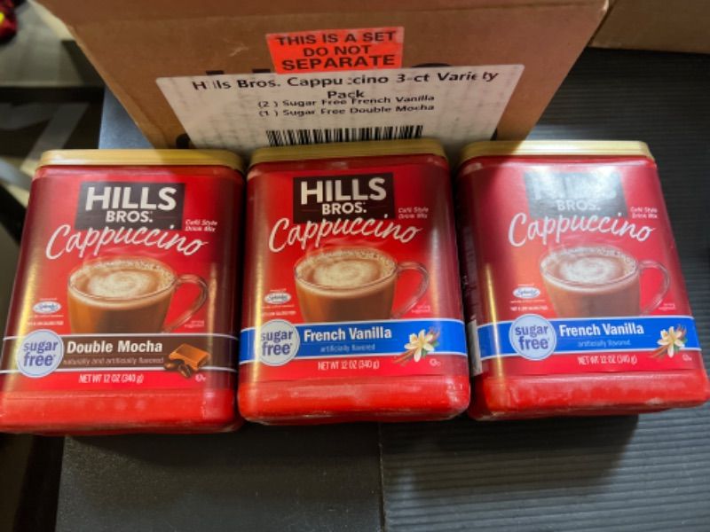 Photo 1 of 3 cans of coffee Hills Bros Instant  sugar free  Cappuccino Mix Variety Pack with French Vanilla & double mocha   exp 08-04-2024