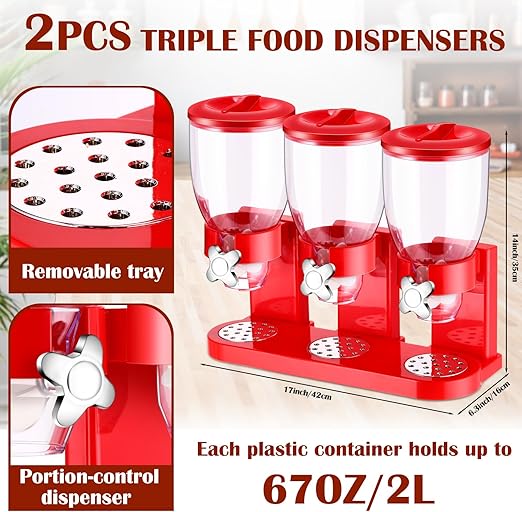 Photo 1 of 200 oz Dry Food Cereal Dispenser 6L Triple Control Holiday Candy Food Dispenser Large Capacity Snack Containers Storage for Countertop Granola Rice Nut Grain with Lids, Easy Serving (Red)