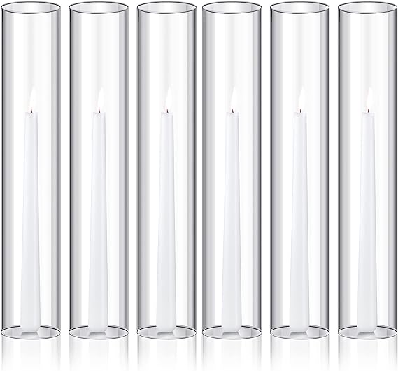 Photo 1 of Treela 6 Pcs 2.5 W x 14 H Hurricane Candle Holder Sleeve Bottomless Glass Cylinder Candleholder Tall Candle Glass Cover Clear Open Ended Candle Shade Chimney Tube Cover for Lamp Pillar Taper Candle