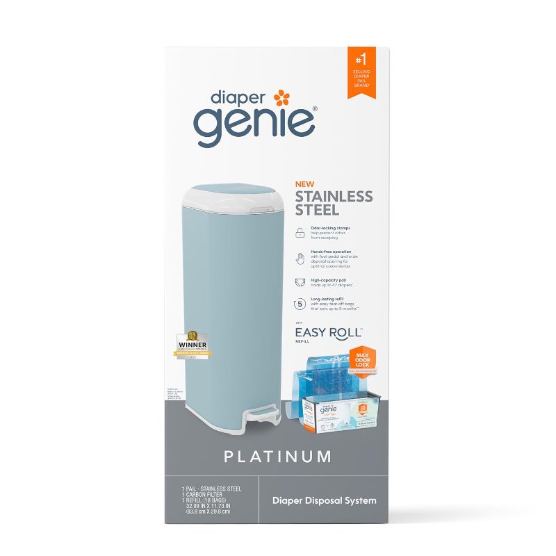 Photo 1 of Diaper Genie Platinum Pail (Stone Grey) is Made in Durable Stainless Steel and Includes 1 Easy Roll Refill with 18 Bags That can Last up to 5 Months.