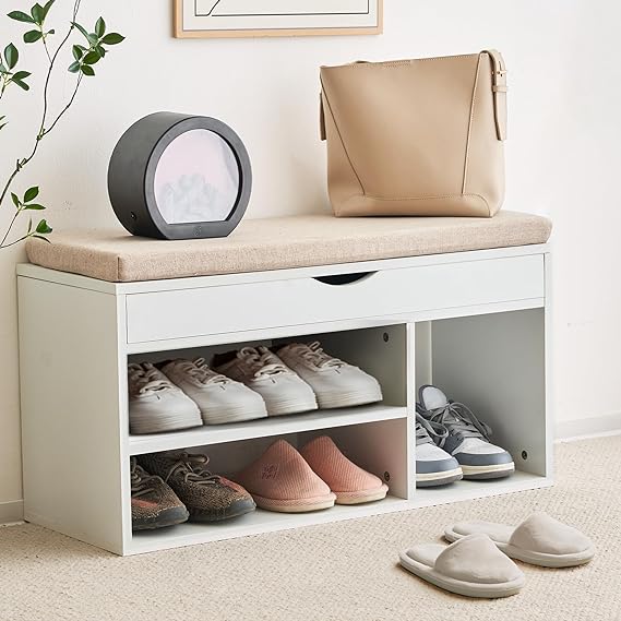 Photo 1 of Apicizon Storage Bench, Shoe Bench with Flip Top Storage Space and Padded Cushion, Wooden Bench with Storage for Entryway, Living Room, 2-Tier Shoe Rack Organizer, White
