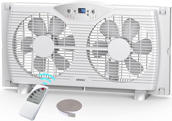 Photo 1 of shinic Twin Window Fan with Remote, 9-Inch Blades Reversible Airflow, Thermostat Control, 3 Speeds, 3 Functions, 23.8"-37" Expandable Width, Window Exchaust Fans for Home Bedroom, ETL Certified
