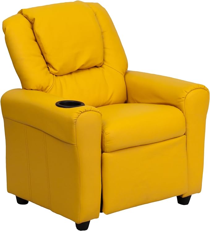 Photo 1 of Flash Furniture Contemporary Yellow Vinyl Kids Recliner with Cup Holder and Headrest Yellow Vinyl Headrest