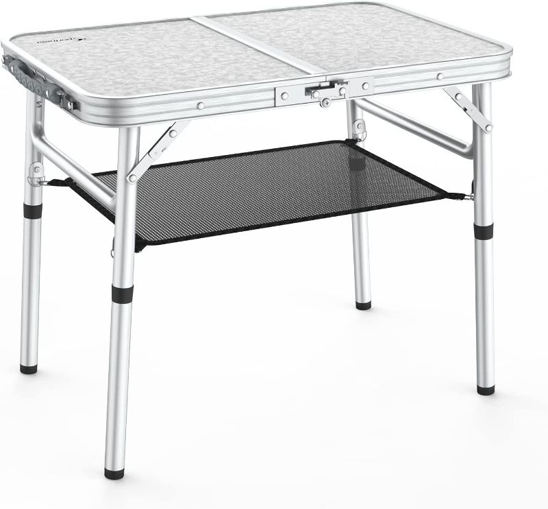 Photo 1 of Sportneer Camping Table, Adjustable Height Foldable Table with Mesh Layer Lightweight Portable Small Folding Camp Tables with Aluminum Legs for Outdoor Camp Picnic Beach BBQ Cooking

