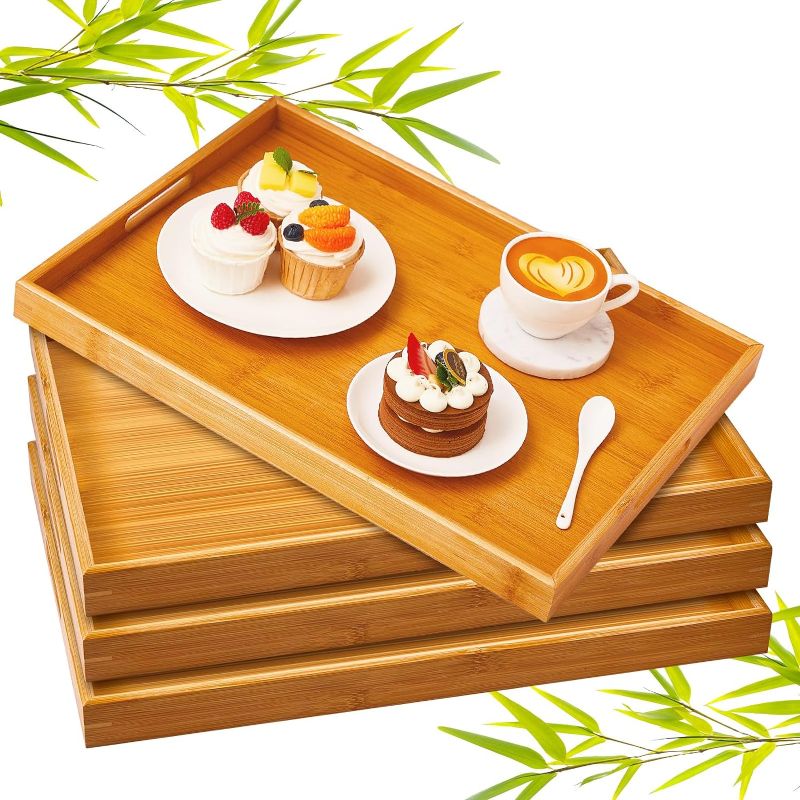 Photo 1 of Geelin 4 Pcs 18 x 13 x 1.4 in Large Bamboo Serving Tray with Handles Rectangular Wooden Breakfast Tray Dinner Tray Decorative Coffee Tea Platter for Living Room Bedroom Kitchen Dinner Table Outdoors
