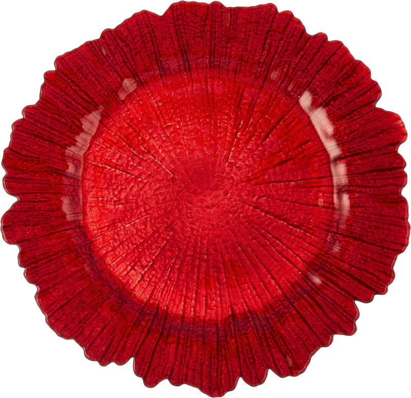 Photo 1 of Dandat 50 Set Charger Plate with Napkin Ring 13 in Round Matte Reef Plate Charger Ruffled Rim Dinner Charger Hollow out Flower Napkin Holder Plastic Plate Charger for Table Setting Wedding (RED\)