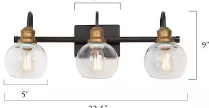 Photo 1 of 22 in. 3-Light Modern Aged Brass and Black Bathroom Vanity Light with Clear Glass Globe Shades
