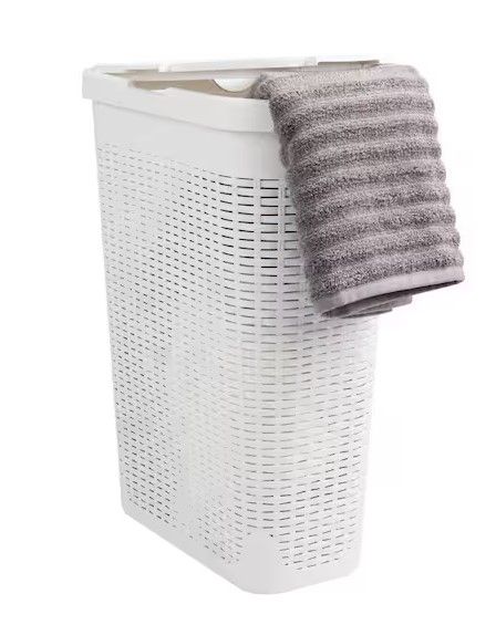 Photo 1 of white 23.5 in. H x 10.4 in. W x 18 in. L Plastic 40L Slim Ventilated Rectangle Laundry Hamper with Lid
