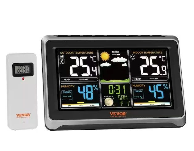 Photo 1 of VEVOR Wireless Digital Weather Station with Sensor 7.5 in. Display Atomic Clock Forecast Data Calendar Alarm Alert Temperature
