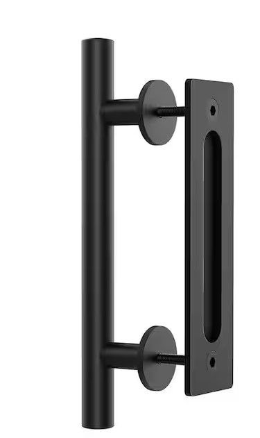 Photo 1 of 12 in. L Modern Rustic Frosted Black Sliding Barn Door Handle Pull and Flush Hardware Set
