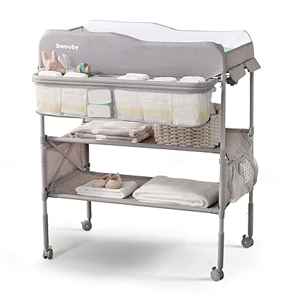 Photo 1 of Sweeby Portable Baby Changing Table, Foldable Changing Table Dresser Changing Station for Infant, Waterproof Diaper Changing Table Pad Topper, Mobile Nursery Organizer for Newborn Essentials (Grey)
