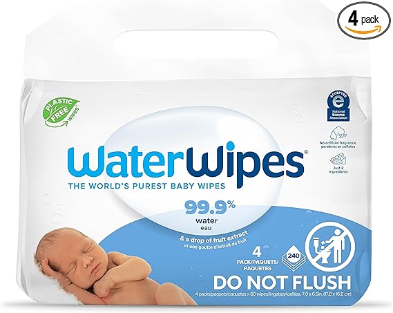 Photo 1 of WaterWipes Plastic-Free Original Baby Wipes, 99.9% Water Based Wipes, Unscented & Hypoallergenic for Sensitive Skin, 240 Count (4 packs), Packaging May Vary