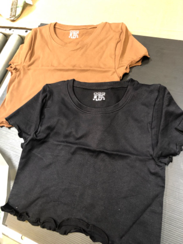 Photo 1 of WOMENS 2 PC SHIRTS SHORT SLEEVE CREW NECK CROP TOPS- BLACK/BROWN - SIZE M