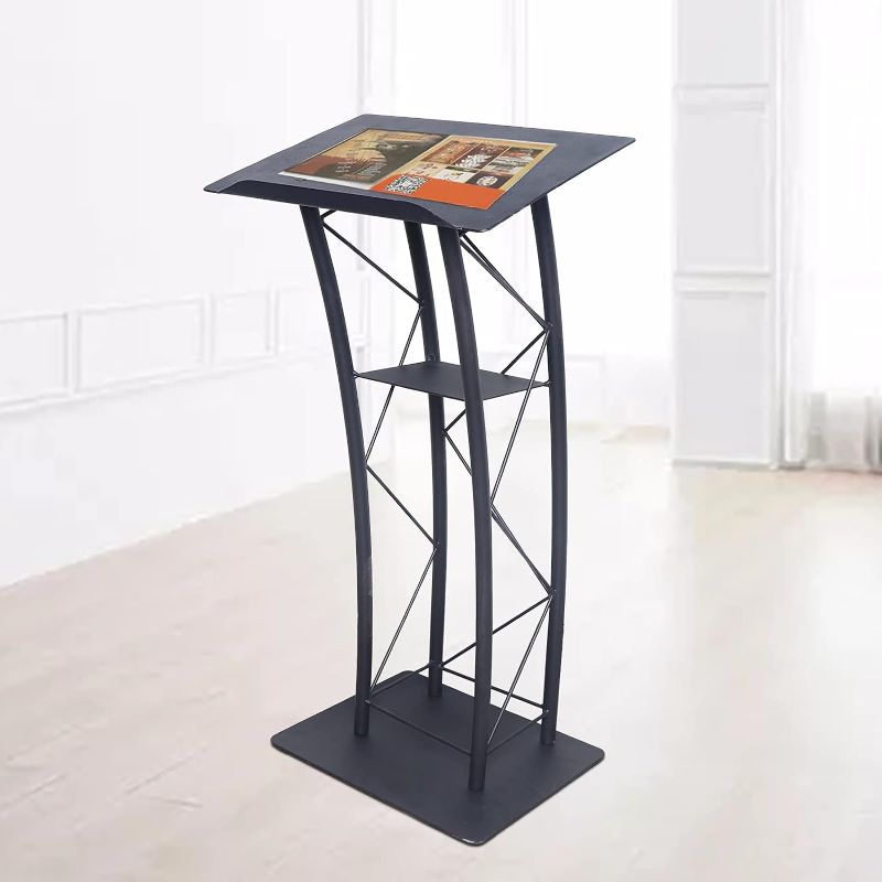 Photo 1 of Futchoy Metal Black Podium Conference Presentation Pulpit School Office Church Lectern,Curved Design Cup Holder Design, Wrought Paint Curved Podium, Schools, Churches, Meeting Rooms PS Plate + Metal