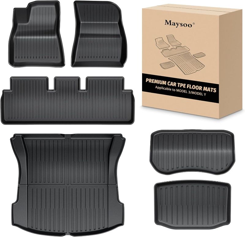 Photo 1 of Maysoo Tesla Model Y Floor Mats, Tesla Model Y 5-Seat 2020-2023 Accessories, All Weather Floor Mat Front Rear Cargo Liner Mat, Heavy Duty Floor Mats (Set of 6) Model Y floor mats (set of 6)