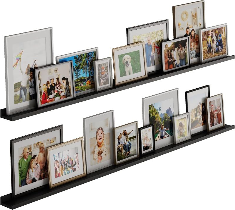 Photo 1 of Wallniture Denver 72" Floating Shelves for Picture Frames Collage Wall Decor Picture Ledge Living Room, Vinyl Record Holder Black Set of 2
