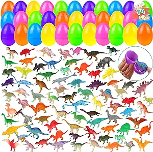 Photo 1 of 148 Pcs Easter Eggs Filled 74 Dinosaur Toys Figures Fold Slightly and 74 Easter Easter Eggs Basket Stuffers for Prefilled Easter Eggs Fillers for Boys Girls Dino Figures Easter Hunt Party
