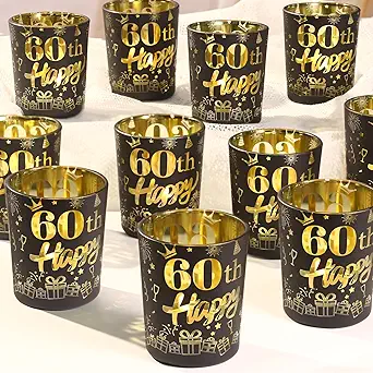 Photo 1 of 12pcs 60th Birthday Candle Holders Men, Happy 60 Birthday Decorations for Men Black Gold Votive Candle Holders for Sixty Years Old Birthday Party 60th Anniversary Decorations (Frosted Style)
