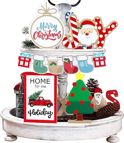 Photo 1 of 10 Pieces Christmas Tiered Tray Decor Winter Wooden Tabletop Signs Rustic Merry Christmas Wood Block Xmas Joy Red Truck Decor for Xmas Tree Farmhouse Home Party Decoration (Santa Claus)
