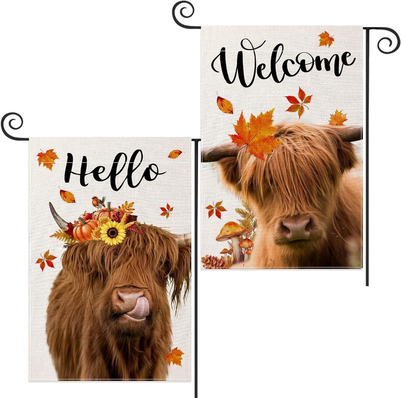 Photo 1 of 2 Pack Fall Highland Cow Garden Flag, Flower Cow Welcome Garden Flag, 12 x 18 Inch Double Sided Vertical Burlap Pumpkin Cow Farmhouse Flag for Autumn...
