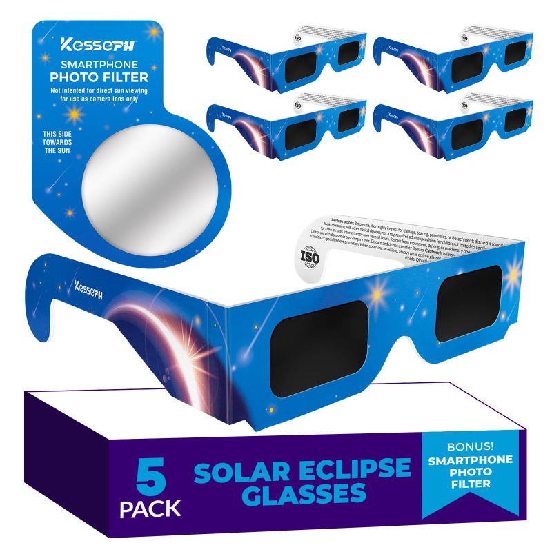 Photo 1 of  bundle -4 packs 
Solar Eclipse Glasses Approved 2024, (5 Pack) CE And ISO Certified Solar Eclipse Observation Glasses, Safe Shades For Direct Sun Viewing, Bonus Smartphone Photo Filter Lens, Blue Stars Design
