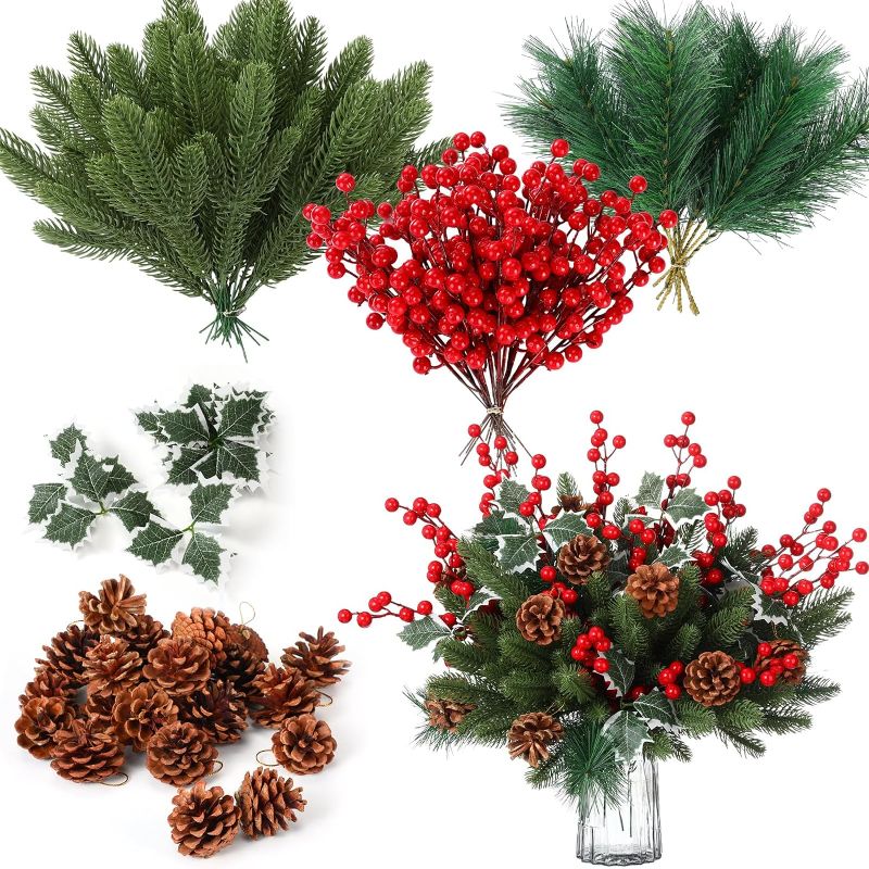 Photo 1 of 141 Pcs Christmas Artificial Pine Picks Set, DIY Crafts Red Berry Stems Branches Pine Needles Accessories Set for Christmas Tree Wreath Garland Decorations
