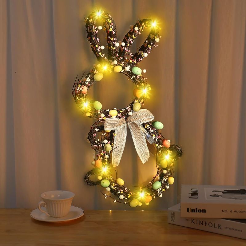 Photo 1 of AFRITEE LED Light Easter Wreath - 23'' Hight Colorful Eggs Rabbit Wreath for Home Front Door Hang Decor Wreath, Wall Flower Bunny Decor for Spring Party Indoor Outdoor
