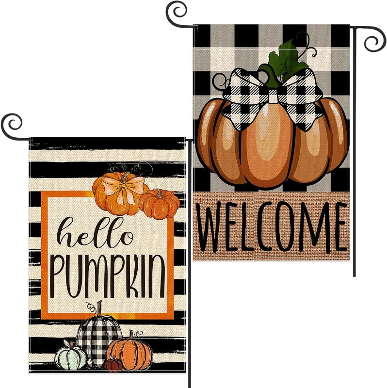 Photo 1 of 2 Pack Fall Garden Flag Hello Pumpkin Sign 12 x 18 Inch Double Sided Burlap Pumpkin Welcome Yard Flag for Autumn Thanksgiving Harvest Buffalo Plaid Yard Outdoor Decoration
