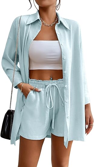 Photo 1 of Aoulaydo Women’s 2 Piece Lounge Tracksuit Outfit Set Summer Botton Down Long Sleeve Shirt with Short Set Casual Matching Set
size large 