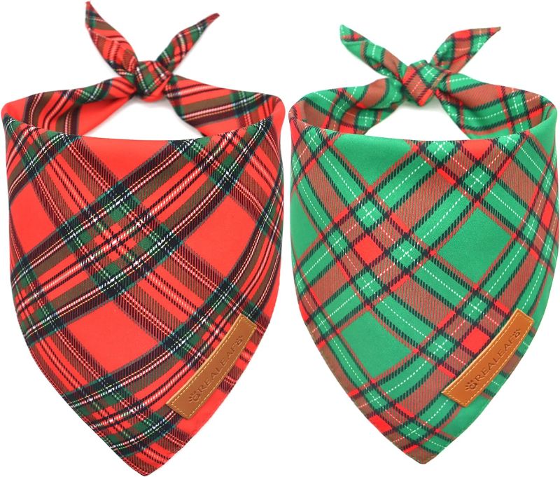 Photo 1 of Realeaf Christmas Dog Bandanas 2 Pack, Reversible Red Green Plaid Dog Scarf, Xmas Pet Bandana for Boy and Girl, Premium Durable Fabric, Holiday Check Bandana for Medium and Large Dogs Pets (Large)
