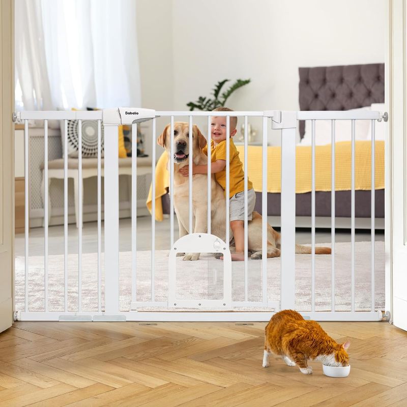 Photo 1 of Babelio 31.5-55" Extra Wide Baby Gate with Cat Door, Auto Close Durable Dog Gate Indoor, Pressure Mounted Baby Gates for Stairs, Doorways, Includes 4 Wall Cups and 3 Extension Pieces, White
