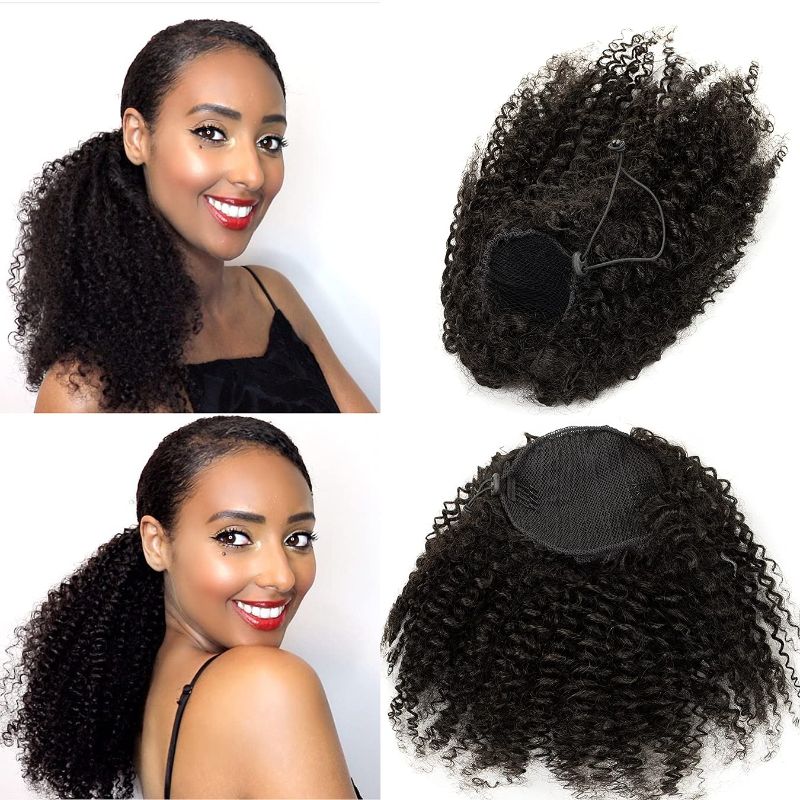 Photo 1 of Loxxy Human Hair Kinky Curly Drawstring Ponytail Extensions 3B 3C Big Volume Afro Curly Ponytail Extensions For Black Women Curly Ponytail Hair Pieces Natural Black #1B Blends Well 12Inch
