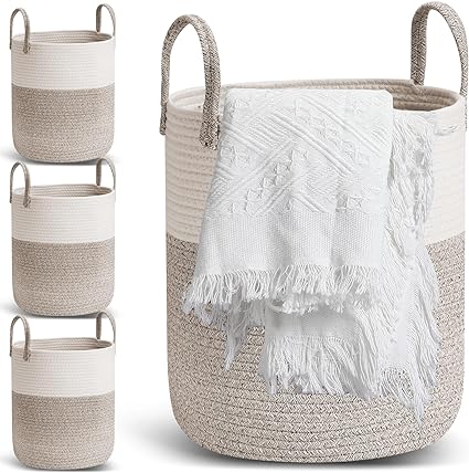 Photo 1 of 4 Pcs Blanket Basket Tall Woven Rope Laundry Basket 13.7 x 15.7 Inch Baby Nursery Laundry Hamper with Handle for Clothes Towels Toys Storage Hamper Basket for Bathroom Living Room (Brown)
