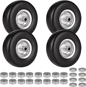 Photo 1 of 4PCS 9x3.50-4 Flat Free Smooth Lawnmower Tires and Wheel Assemblies- for Residential & Commercial Wheeled Equipment, 4" Centered Hub, 3/4" Bushings- PU Tire on Wheel & Adapter Kits
