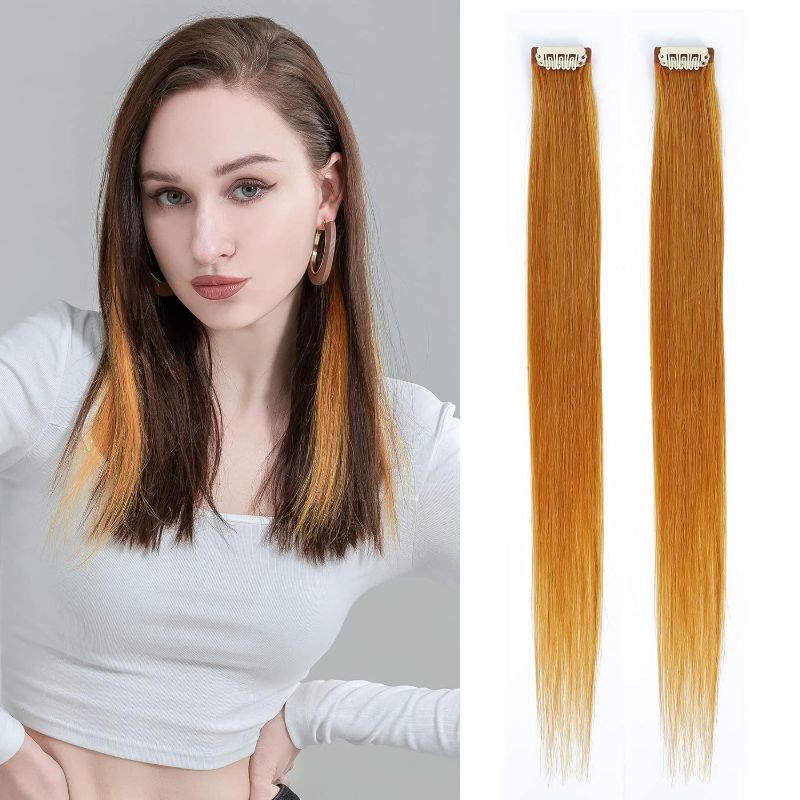Photo 1 of Clip In Colored Hair Extensions 18 Inch, Yellow Real Hair Extensions Clip In Human Hair, Remy Straight Hairpieces Highlights Clip In Hair Extension For Kids Girls Women 2 Pieces
