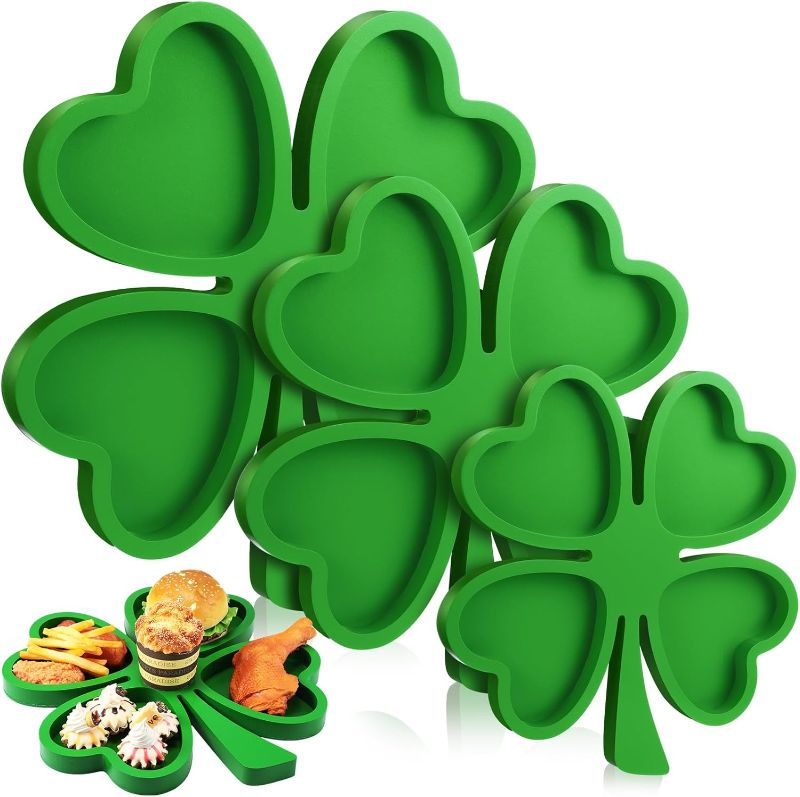 Photo 1 of 3 Pcs St. Patrick's Day Wooden Serving Tray Irish Green Plates Four Leaf Clover Platters Dish Shamrock Shaped Wood Serving Trays for Table Decorations Home Office Food Display, 3 Sizes
