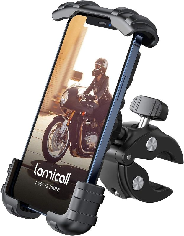 Photo 1 of Lamicall Motorcycle Phone Holder Mount - Bike Handlebar Phone Mount Clamp, One Hand Operation, ATV Scooter Phone Clip for iPhone 15/14 Pro Max/X/XS, Galaxy S10 and 4.7"- 6.8" Cellphone, Black
