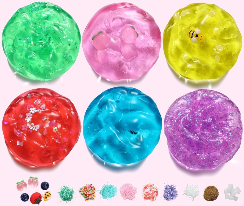 Photo 1 of Clear Crystal Slime Kit for Girls 10-12, Peach Pink Jelly Cube Glimmer Crunchy Slime, Yellow, Purple, Green & Blue Stress Relief Kids Slime Toy for Adults Anxiety, Stretchy and Non-Sticky Slime
