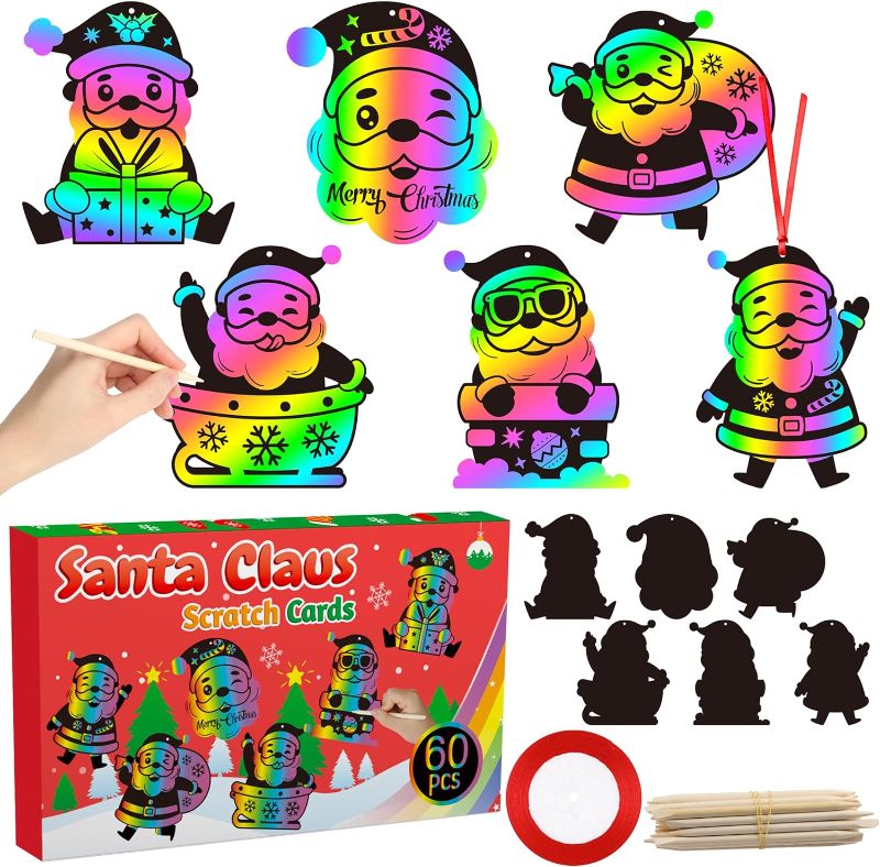 Photo 1 of CY2SIDE 60PCS Christmas Santa Claus Rainbow Color Scratch Cards Gift Set for Kids DIY Santa Claus Scratch Hanging Christmas Decor Magic Art Rainbow Color Craft Kit for Christmas Party Favors
