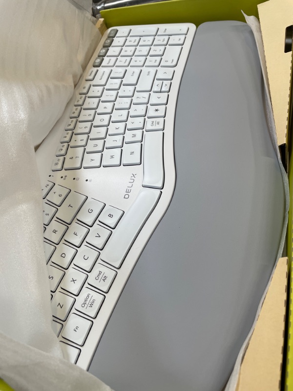 Photo 2 of DeLUX Upgraded Ergonomic Wireless Ergo Split Keyboard with Backlit, 2.4G and Bluetooth, Scissor Switch and Palm Rest for Natural Typing, Compatible with Windows and Mac OS (GM902Pro-White)