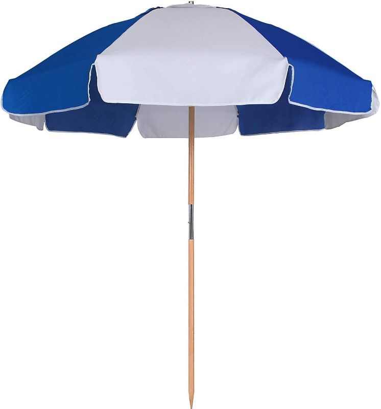 Photo 1 of Heavy Duty HIGH Wind Beach Umbrella Commercial Grade Patio Beach Umbrella with Air Vent Ash Wood Pole & Carry Bag UV 50+ Protection Blue/white