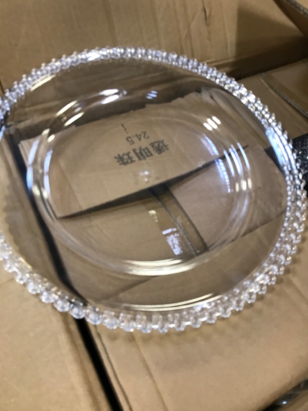 Photo 2 of 50 Pieces Clear Charger Plates Bulk 13 Inch Plastic Round Dinner Plate with Beaded Rim Acrylic Embossed Dinner Chargers Decorative Plates for Home Kitchen Party Wedding Events Dinner Tabletop Decor