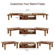 Photo 1 of Bamboo Dual Monitor Stand Riser with Storage Drawer - ROCDEER Laptop Desk Shelf with Adjustable Length and Angle, Monitor Riser Stand for 2 or 3 Monitors Computer TV -Natural