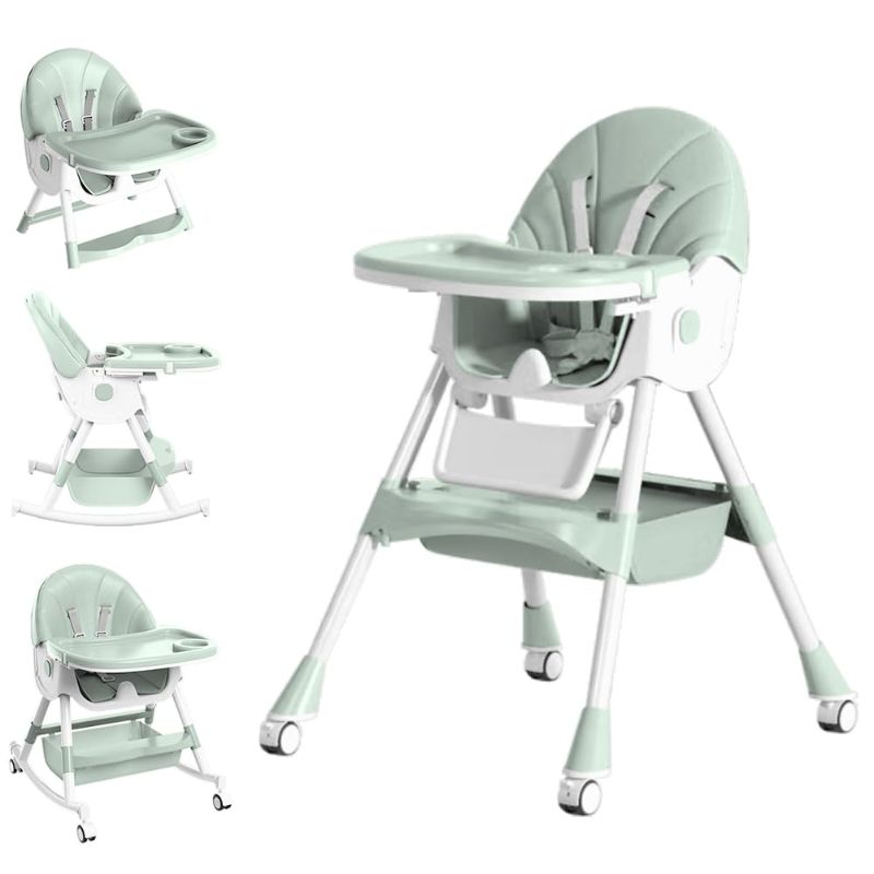 Photo 1 of Baby High Chair, 5 in 1 High Chairs for Babies and Toddlers, Travel Foldable High Chair with Foot Rest, Detachable PU Cushion, Double Removable Tray, Adjustable Height & Recline, Locking Wheels
