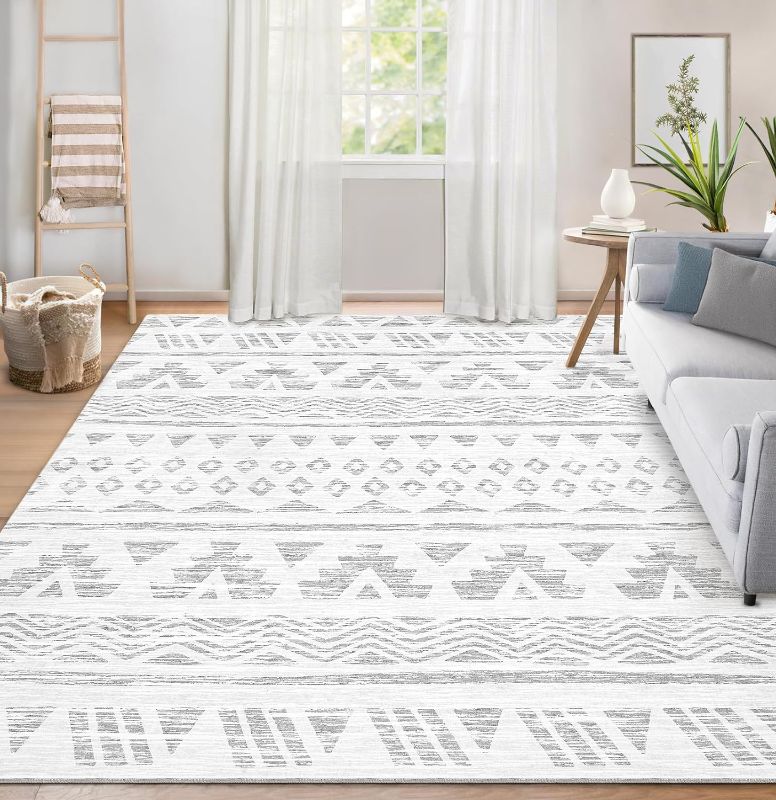 Photo 1 of Area Rug Living Room Carpet: 8x10 Large Moroccan Soft Fluffy Geometric Washable Bedroom Rugs Dining Room Home Office Nursery Low Pile Decor Under Kitchen Table Light Gray
