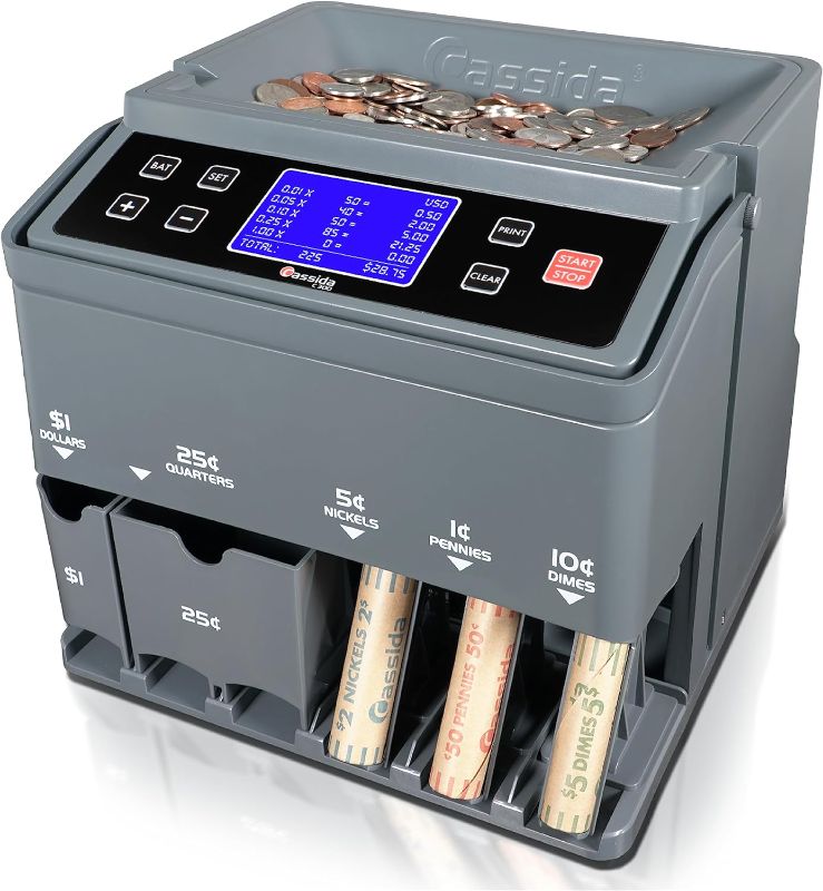 Photo 1 of Cassida C300 Professional USD Coin Counter, Sorter and Wrapper/Roller, 300 coins/min, with Quickload and Printing-Compatible,Gray
