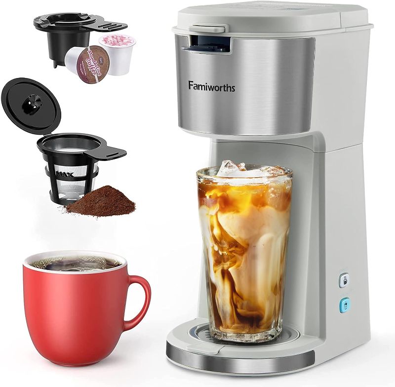 Photo 1 of Famiworths Iced Coffee Maker, Hot and Cold Coffee Maker Single Serve for K Cup and Ground, with Descaling Reminder and Self Cleaning, Iced Coffee Machine for Home, Office and RV, Light Gray
