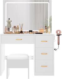 Photo 1 of 36" Modern Mirror Makeup Vanity with 4 Drawers Charging Station and Light Strip, White & Black

